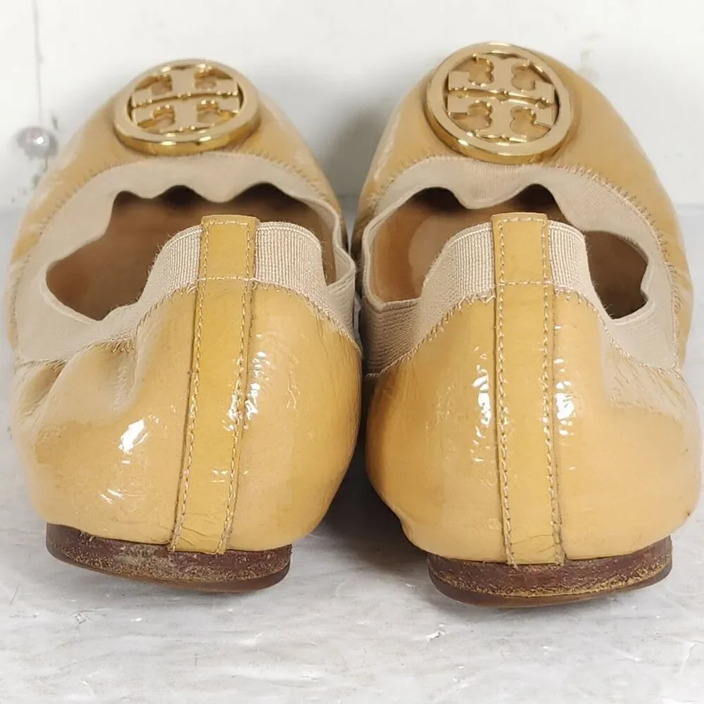 TORY BURCH Women's Caroline 2 US 8M Tan Leather Logo Slip On Ballet Flats